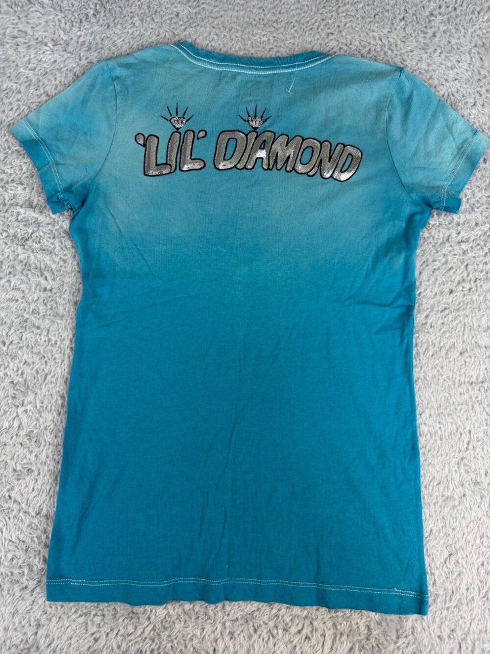 True Religion Teal Ombre V-Neck Graphic Tee Womens S Casual Retro Style Sequence